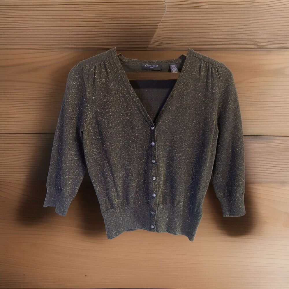 Vtg Women’s Cardigan Size Small Petite Black Gold Metallic Pima Cotton Dark Goth